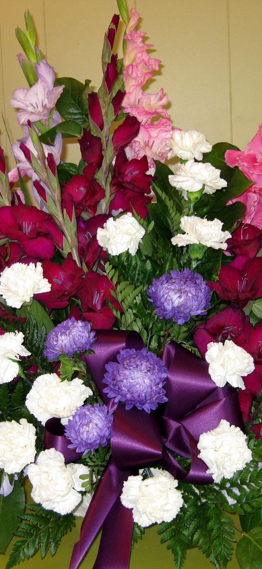 gladioli, chrysanthemums, carnations, fern, flower, decor