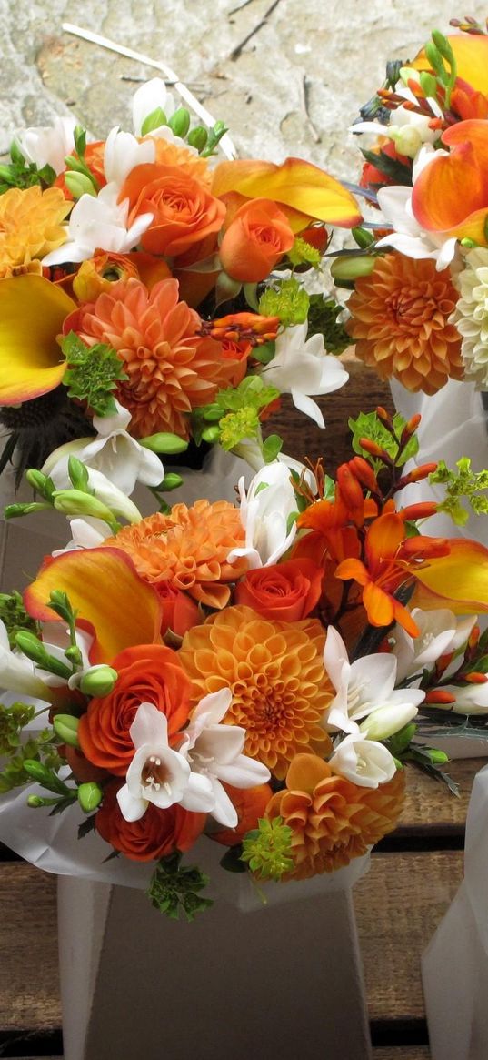 dahlias, roses, calla lilies, freesia, bouquets, many, orange