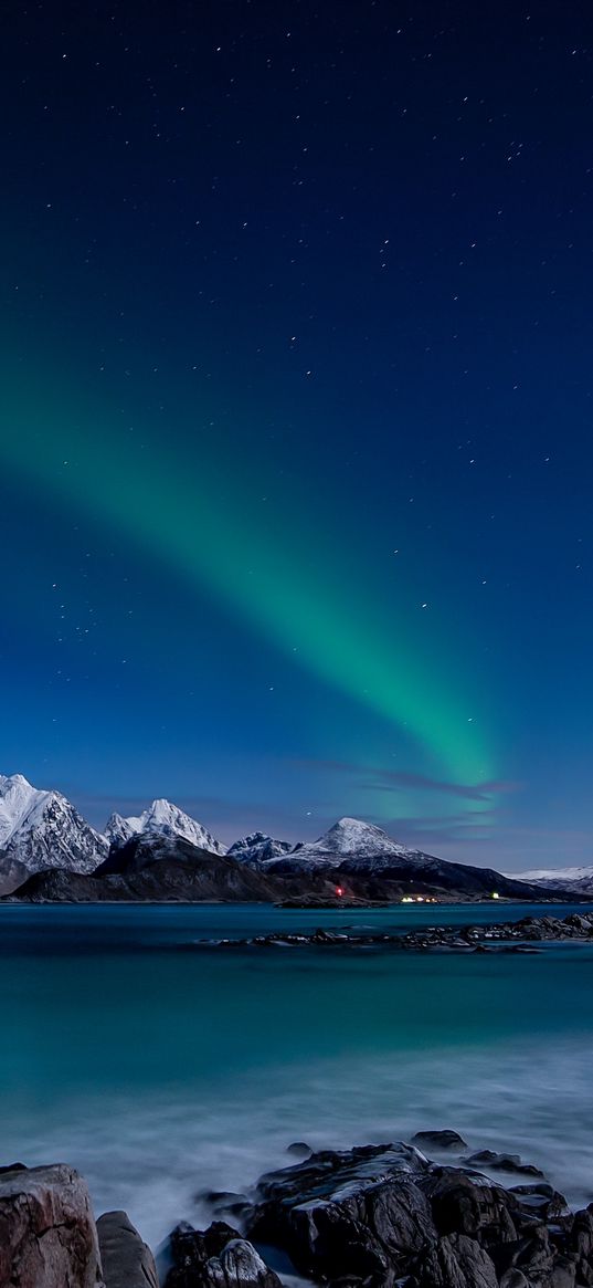 norway, northern lights, night sky, sea, winter