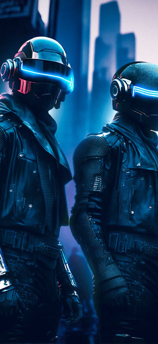 daft punk, duo, musicians, helmet, city, neon