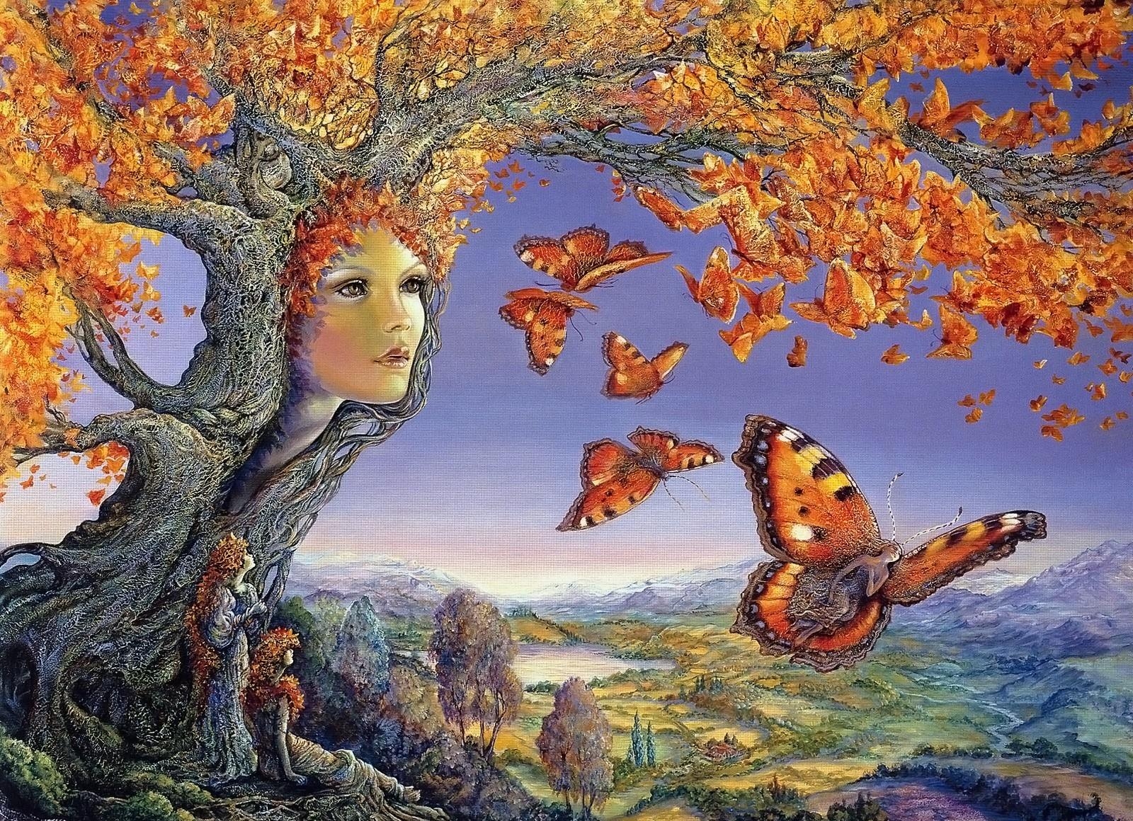 tree, autumn, face, butterflies, leaves, girl, wonder