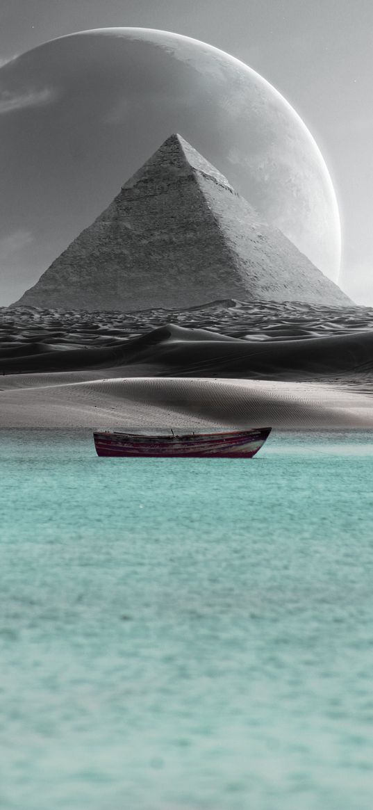 sea, pyramids, boat, desert, black