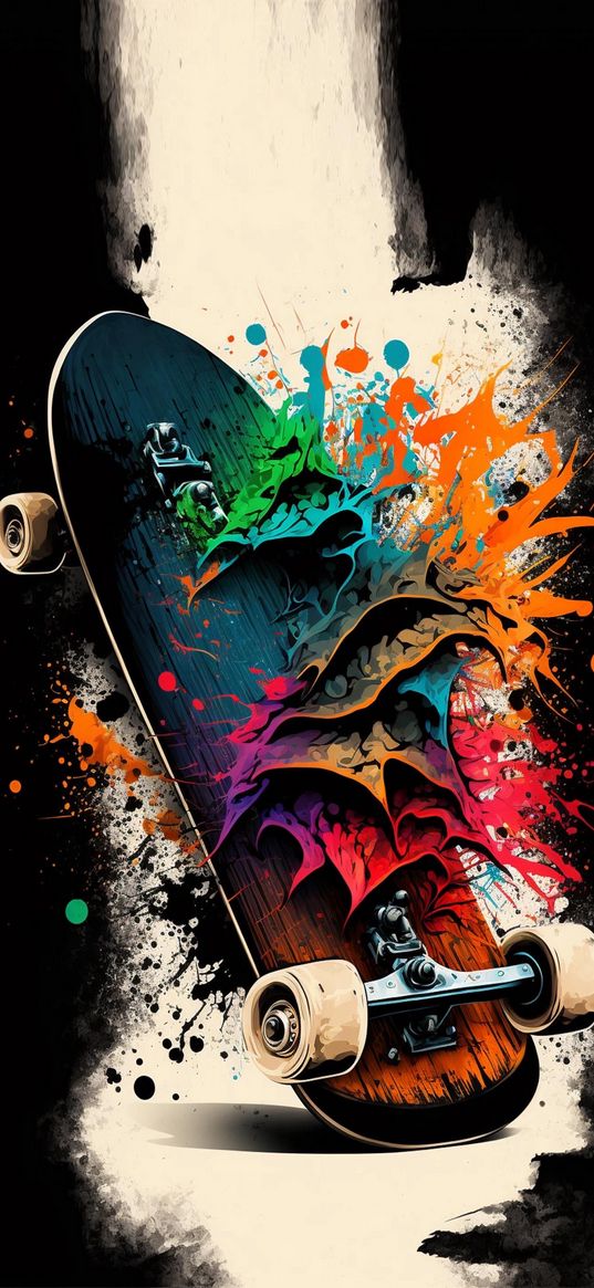 skateboard, paint, splashes, colorful, art