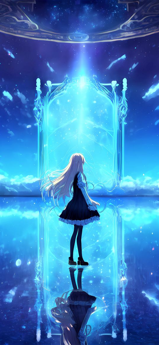 girl, portal, reflection, glow, blue, anime