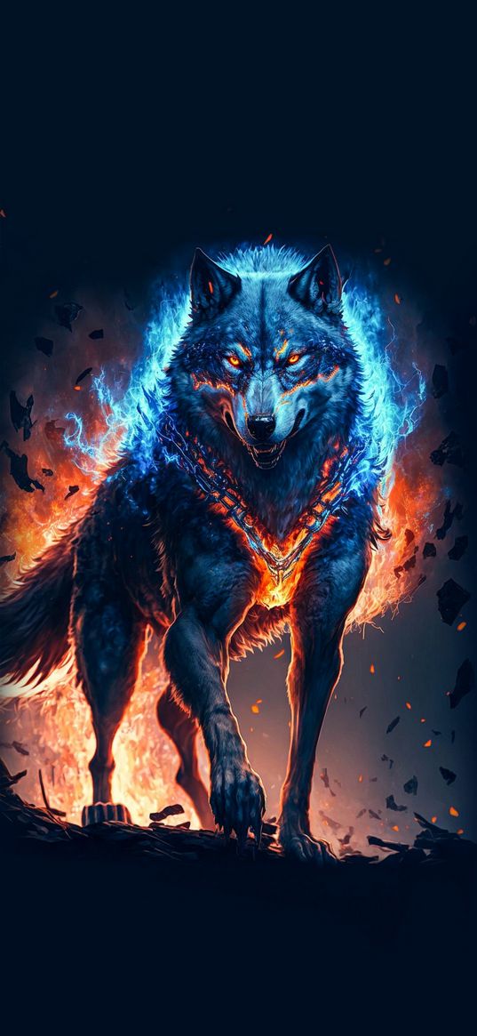 wolf, wolf in flames, art, flame, fire