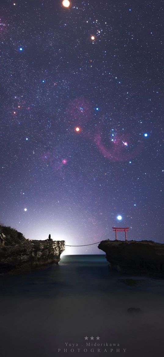 torii, bridge, lake, sea, rocks, starry sky, stars, night, nature