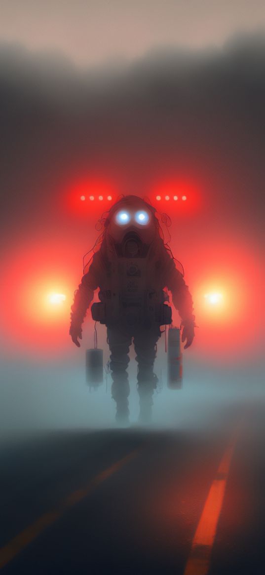 man, spacesuit, exoskeleton, road, fog, headlights, fiction, art