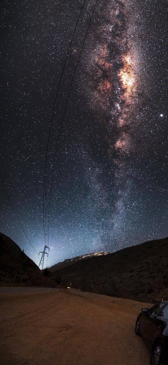 car, road, wires, power lines, hills, mountains, milky way, starry sky, stars, nature