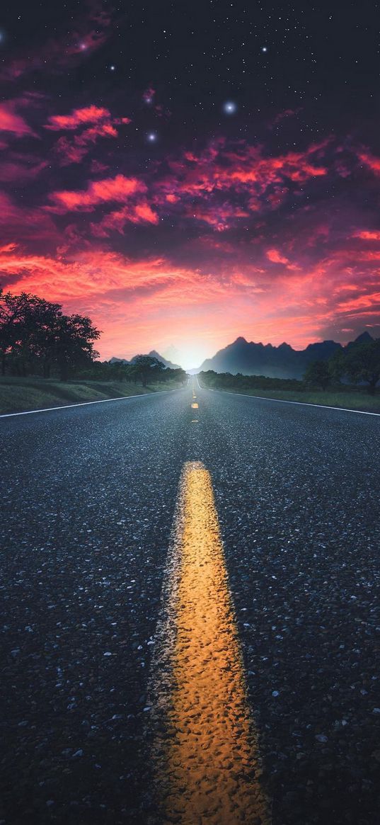 road, markings, trees, savannah, clouds, sunset, sky, stars, nature