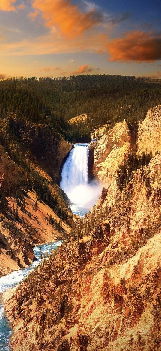 river, mountains, falls, wood, rocks