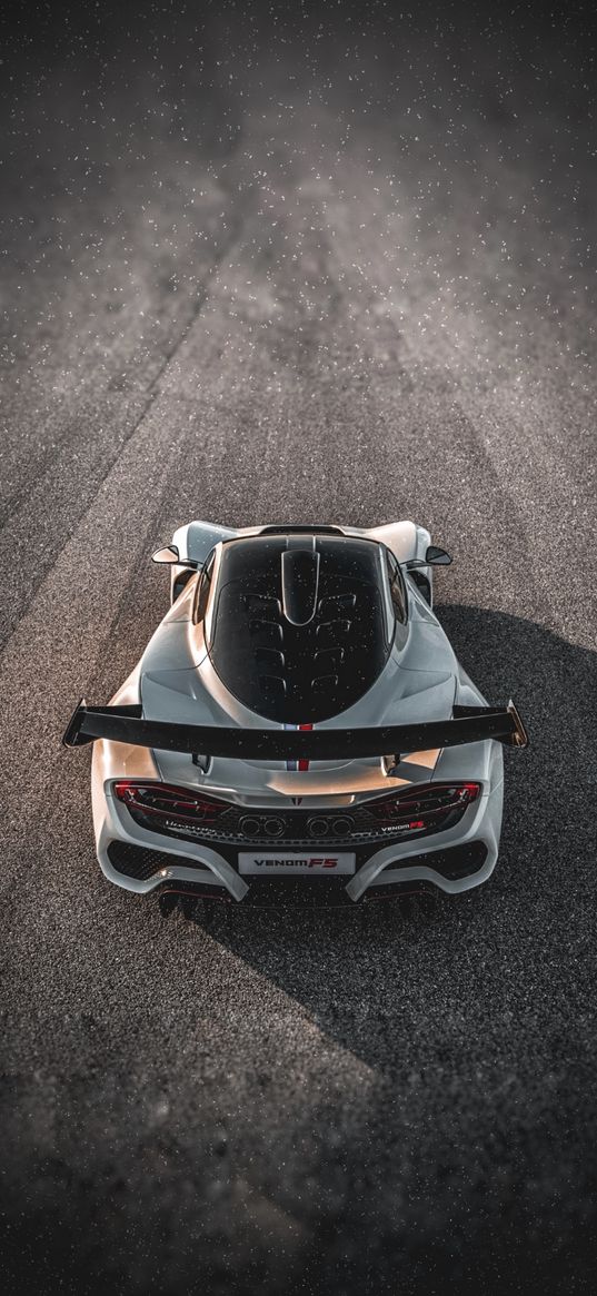 venom f5, sports car, car, white, road, blur