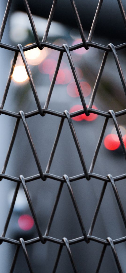 lattice, mesh, fence, cars, lights, blur