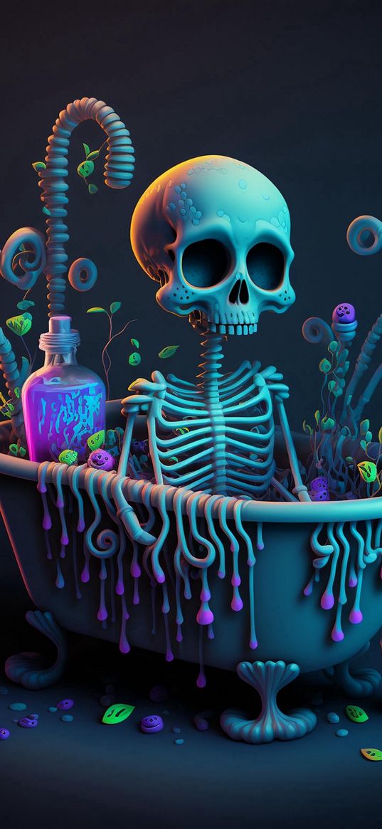 skeleton, bath, bones, bottle, grey, purple, art