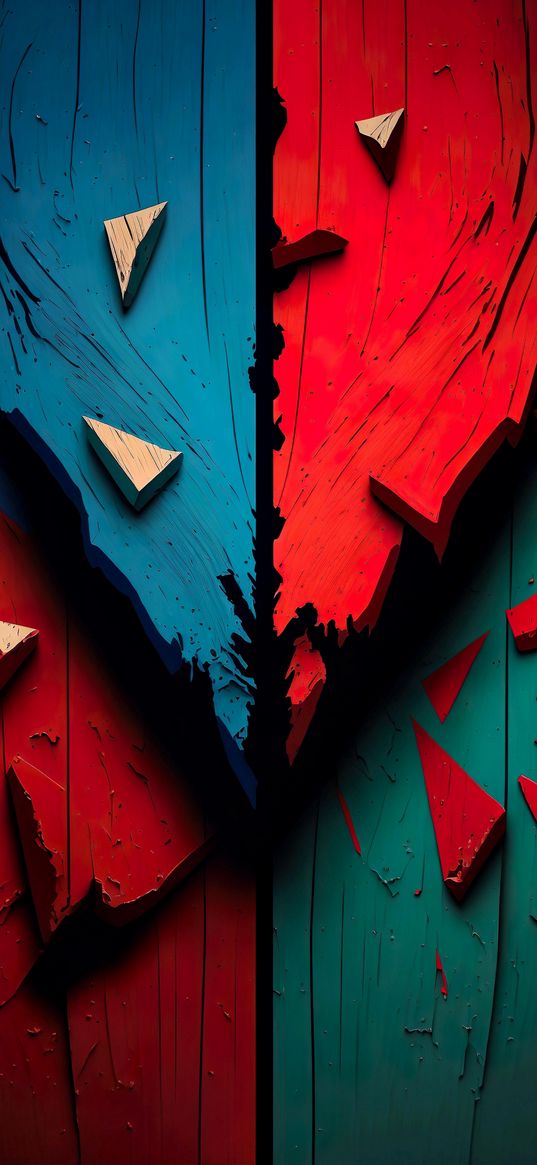 abstraction, wood, chips, fragments, red, blue