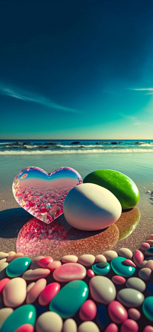 beach, stones, heart, transparent, colored, waves, blue, pink