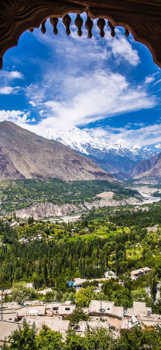 mountains, trees, houses, sky, clouds, nature, pakistan