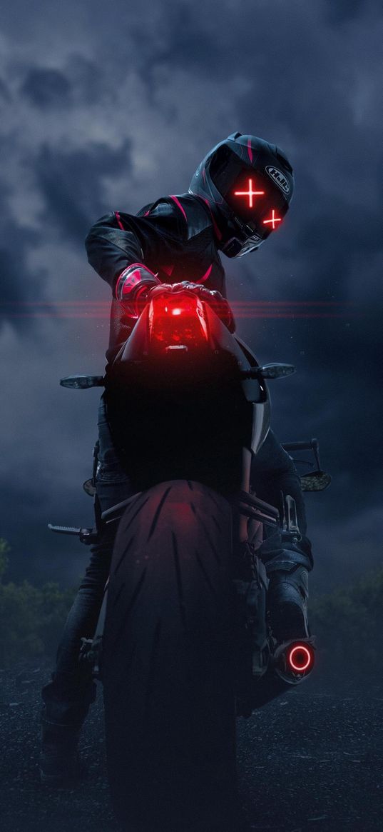 motorcycle, neon, crosses, red, dark