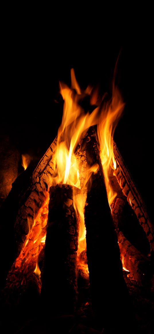 fire, logs, flame, darkness