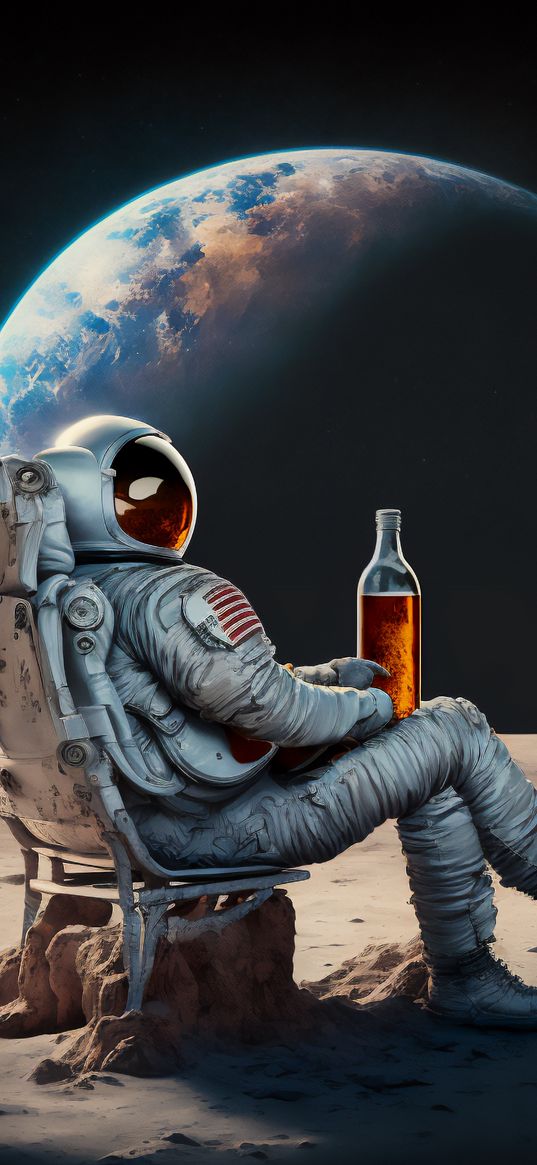 cosmonaut, astronaut, chair, bottle, drink, earth, planet, art