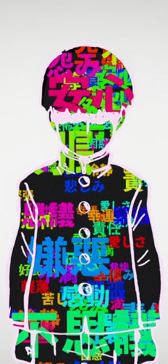 mob, mob psycho 100, manga, anime, man, silhouette, hieroglyphs, art