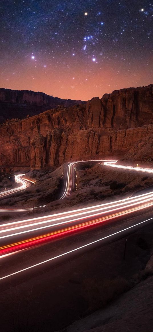 road, hillside, mountain, sunset, starry sky, constellation, orion, stars