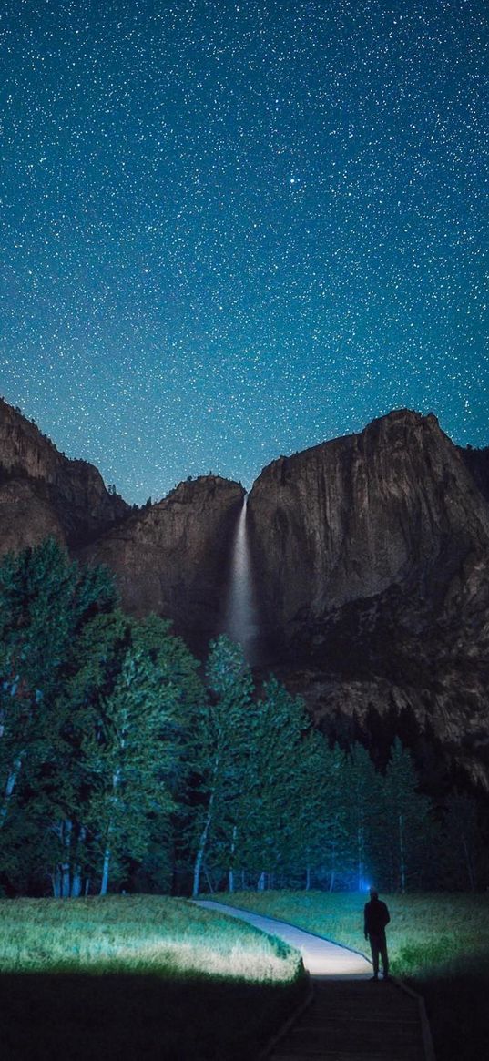 path, human, field, trees, mountain, hillside, waterfall, starry sky