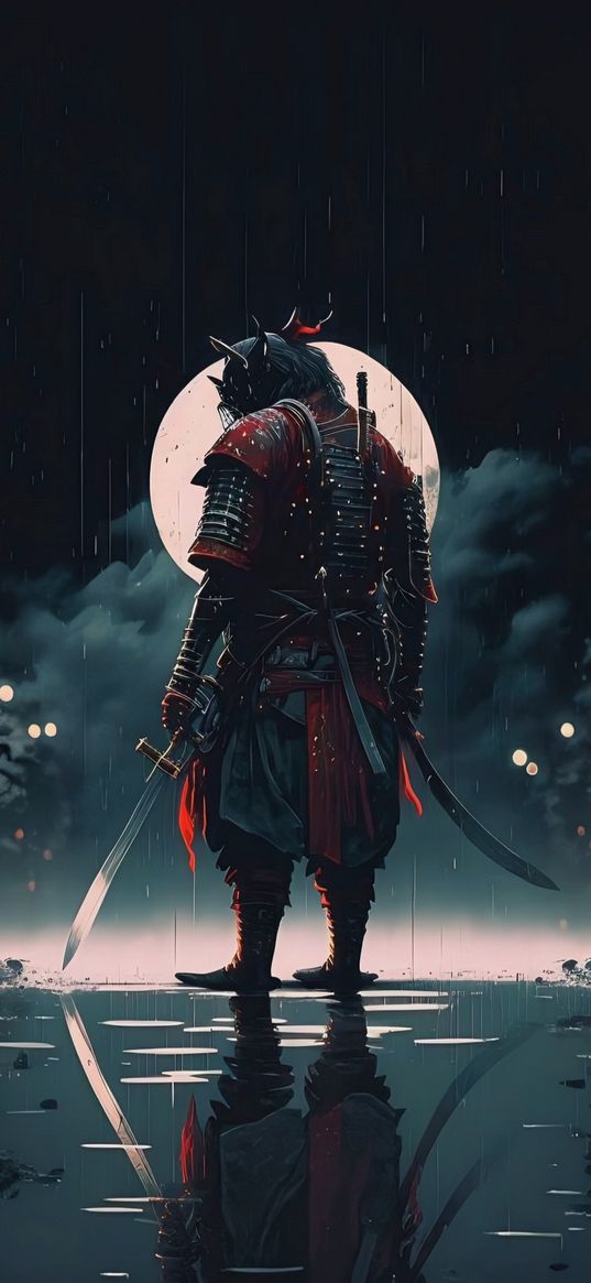 samurai, warrior, swords, armor, moon, rain, puddle, drops, night, art