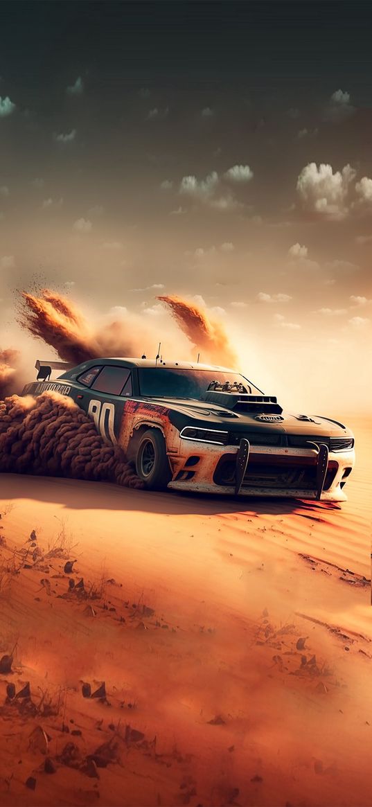 sports car, car, rally, sand, desert, off-road, clouds, sky, art