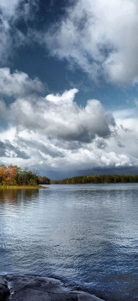 water, smooth surface, lake, trees, autumn, sky, clouds