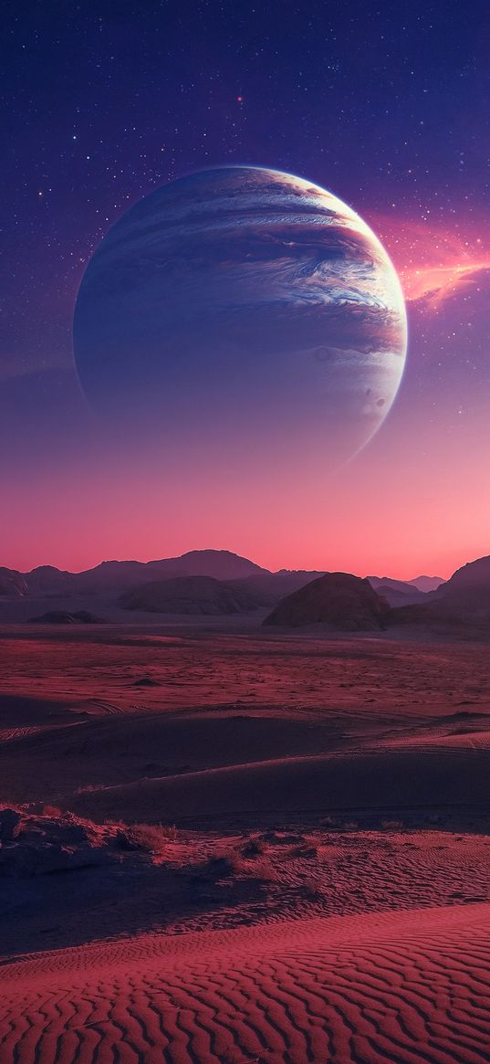 sand, dunes, desert, mountains, sunset, planet, stars, space, science fiction, nature