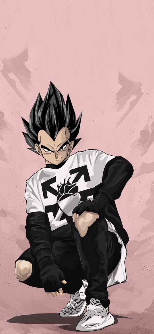 vegeta, dragon ball, anime, guy, fashionable, stylish, pink background, art