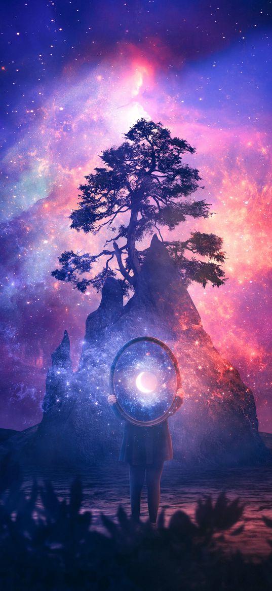 girl, mirror, moon, lake, mountain, tree, nebula, stars, space, fantasy, art