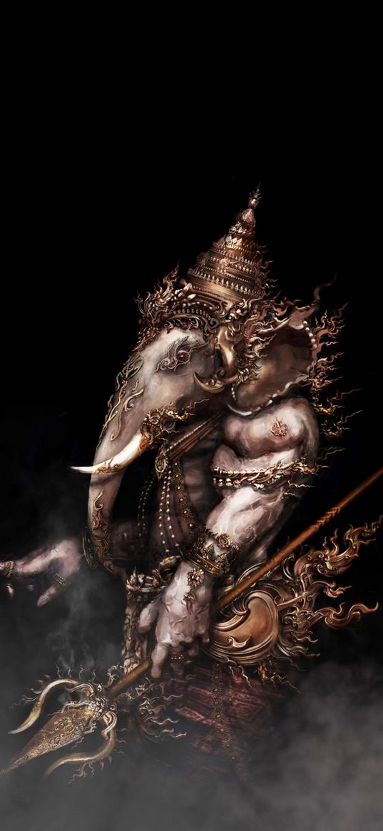 ganesha, god, elephant, trident, armor, hinduism, religion, india, black background, art