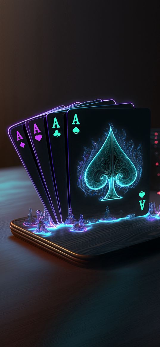 cards, black, aces, neon, dark