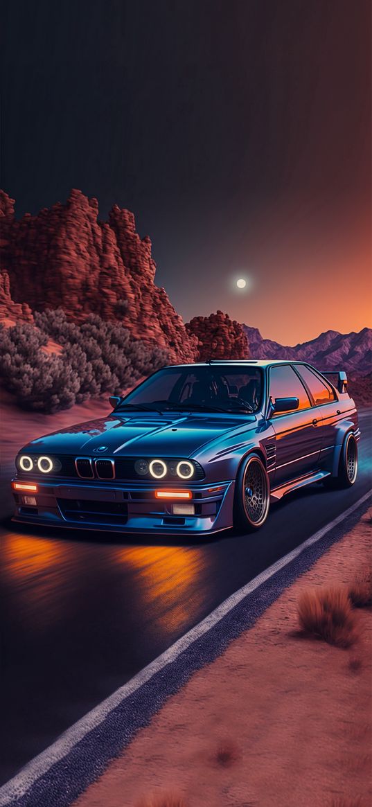 bmw, canyon, way, desert, blue, car, road, headlights