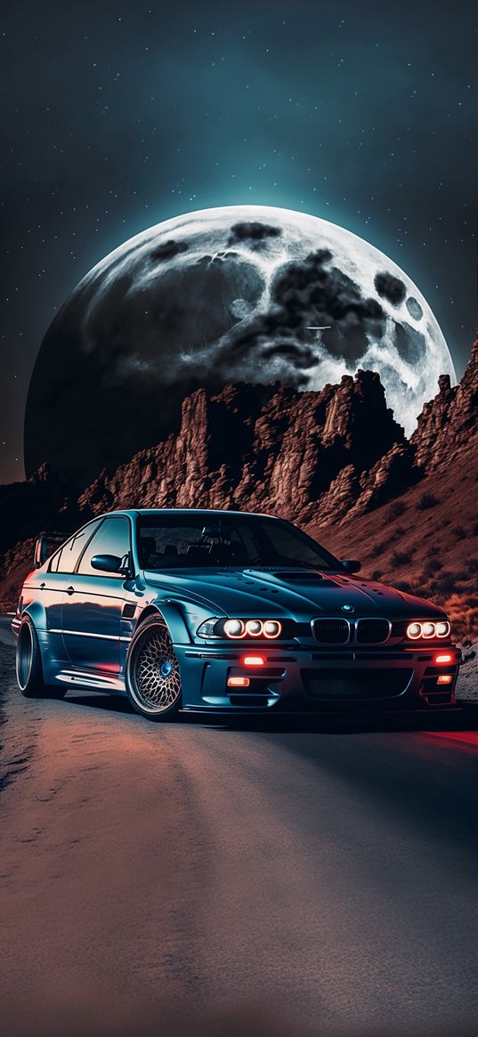 bmw, canyon, way, desert, blue, car, moon