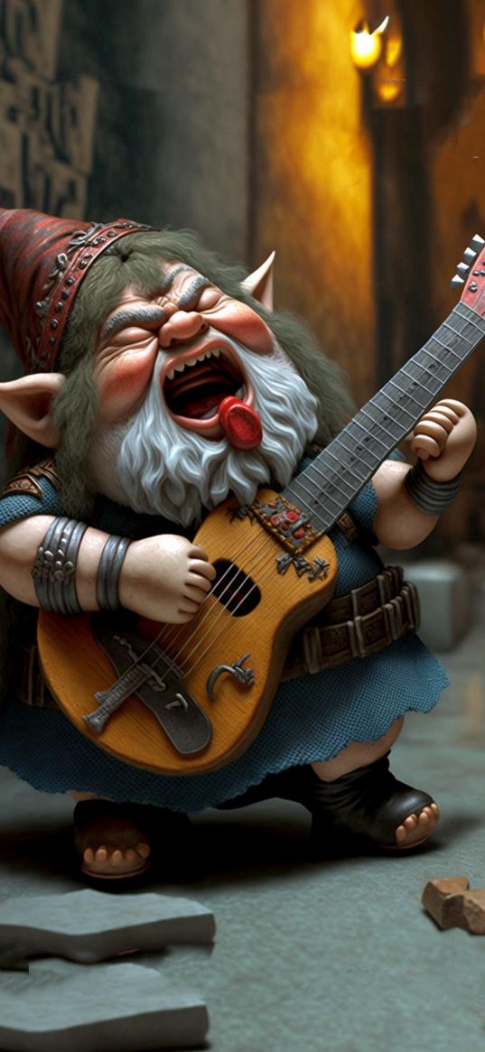 gnome, figurine, guitar, red, blue, gray