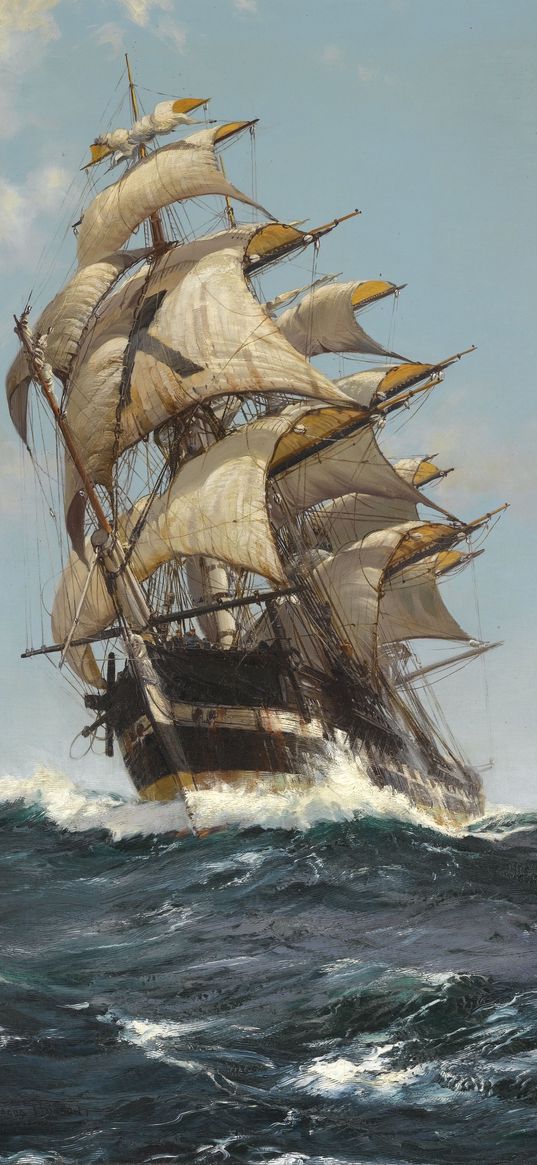 ship, sea, ocean, waves, sails, painting, light