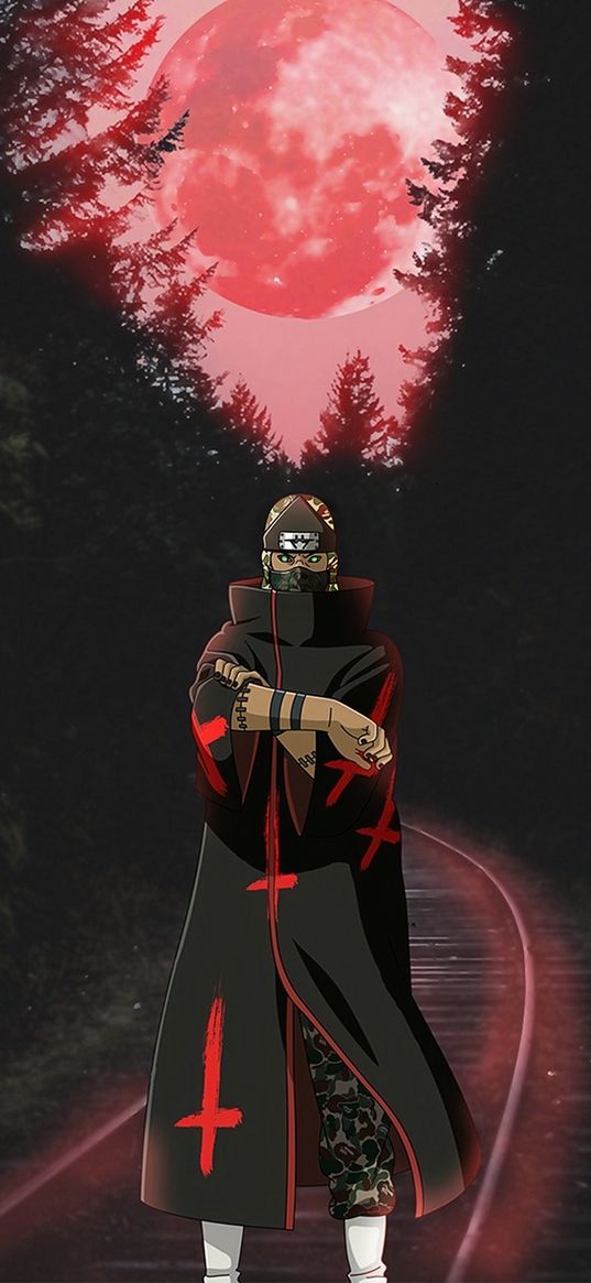 kakuzu, akatsuki, naruto, anime, forest, moon, red