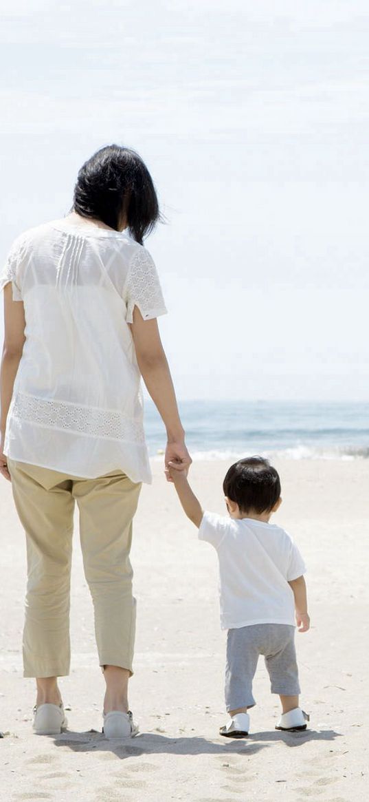 baby, mother, walking, beach