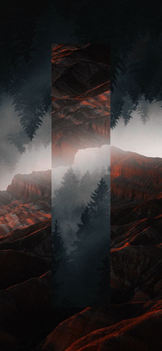 mountains, trees, fog, nature, stripes