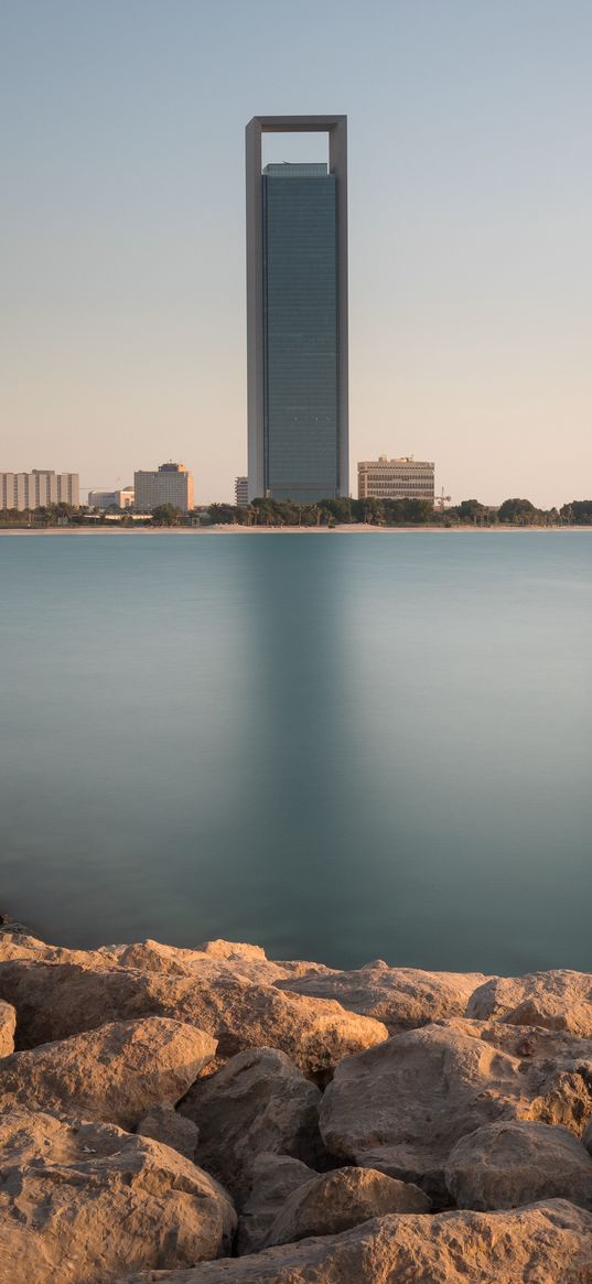 skyscraper, sea, stones, coast, city, abu dhabi, uae