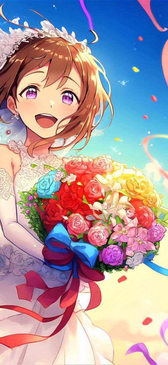 girl, smile, bride, anime, flowers