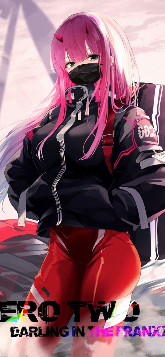 zero two, 002, darling in the franxx, anime, girl, mask, jacket, bag, art