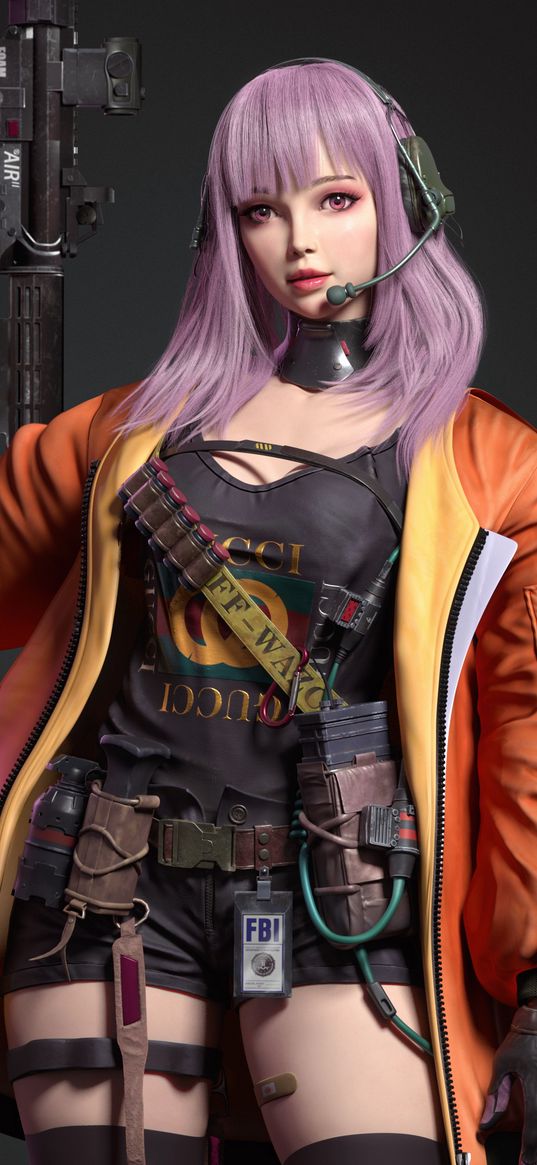 free fire, game, girl, character, headset, weapon, badge