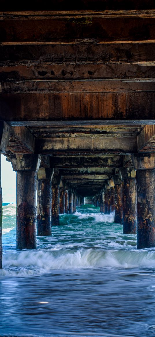 bridge, columns, waves, sea, nature