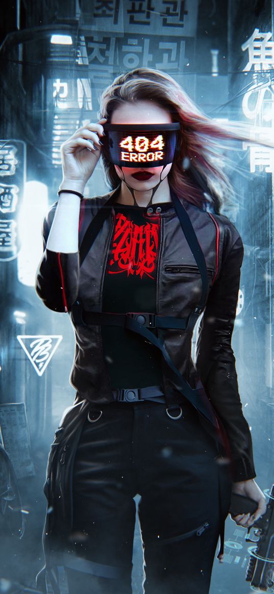 girl, mask, error 404, gun, advertising, signage, neon, street, city, cyberpunk, future, art