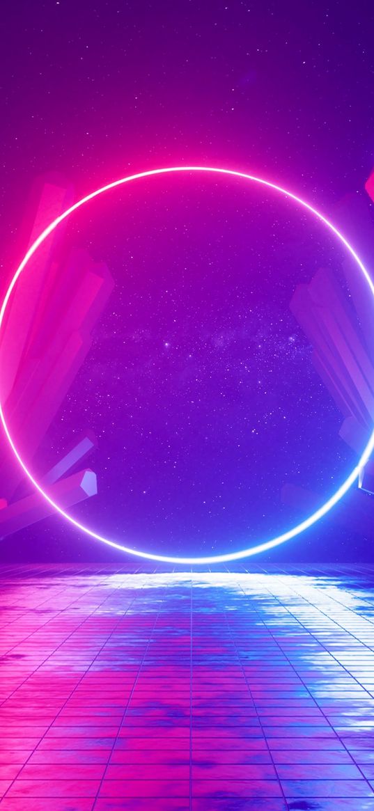 circle, neon, glow, crystals, platform, stars, cosmos, purple, blue, digital art