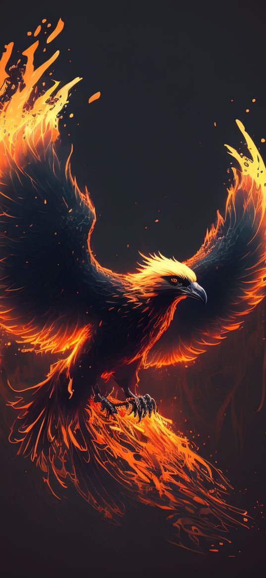 phoenix, bird, fire, sparks, dark background, art