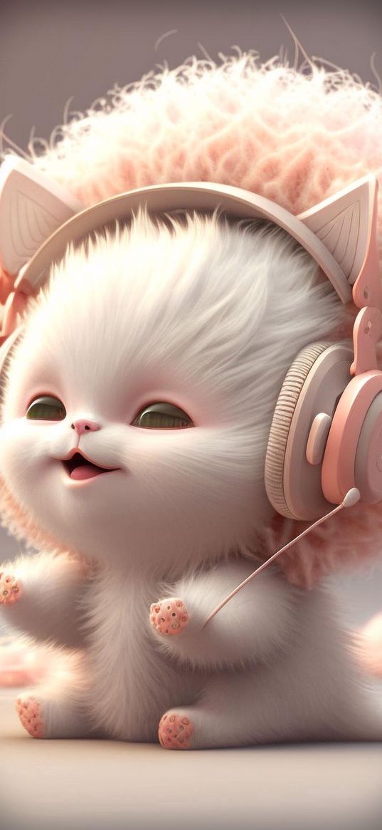 kitty, headphones, ears, fluffy, pink, 3d, art